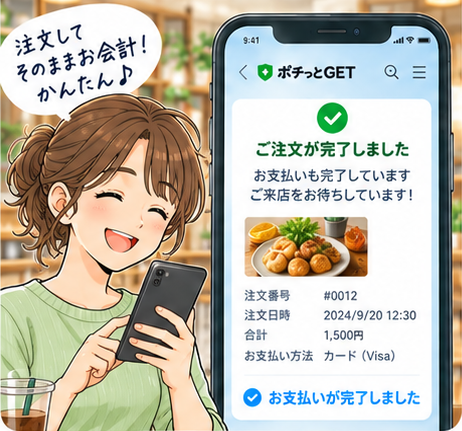 女性のお客様がスマホで注文と支払いを終えるイラスト